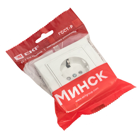 Минск Розетка 1-местная СП с заземлением 16А белая с защ, штор, EKF