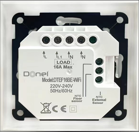 Donel Термостат с датчиком пола, программируемый с Wi-Fi, 16 A, 55*55 мм.черный, клавиши настройки, серия DTEF