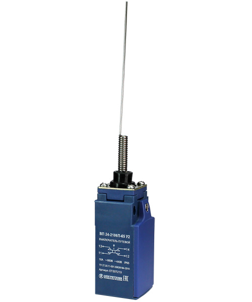 Выключатель путевой ВП 24-2106П-65 У2, рычаг пружинный "кошачий ус", 1з+1р, безинерционный, 20 мм, без сальника, 3А, IP65 Электротехник