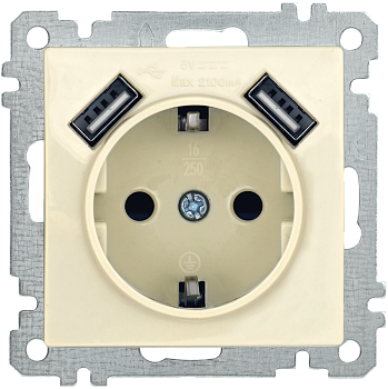 Розетка РЮш10-1-Б с з/з с защитной шторкой 16А USBх2 2,1A BOLERO кремовый IEK