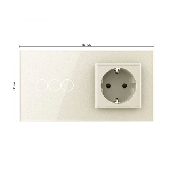 Трехклавишный сенсорный выключатель с розеткой 2 поста, цвет жемчужный Livolo