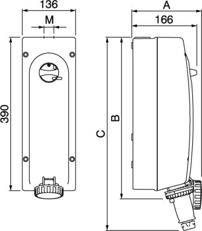 Розетка настенная с механической блокировкой и боковым расположением разъема IP67 63А 3P+E 400В DKC