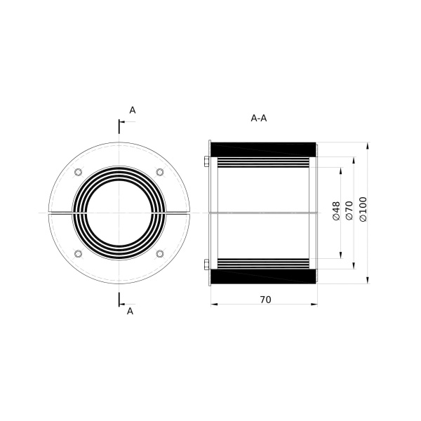 Проходка круглая, нержавеющая, D100х70 мм для кабелей D = 48-70 мм DKC