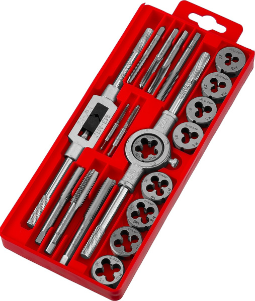 20 предметов, набор метчиков и плашек в пластиковом боксе, сталь 9ХС ЗУБР