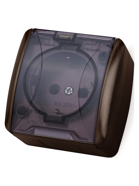 Розетка 2П+3 открытой установки IP54 16А с прозрачной крышкой шоколад "Селигер" TDM