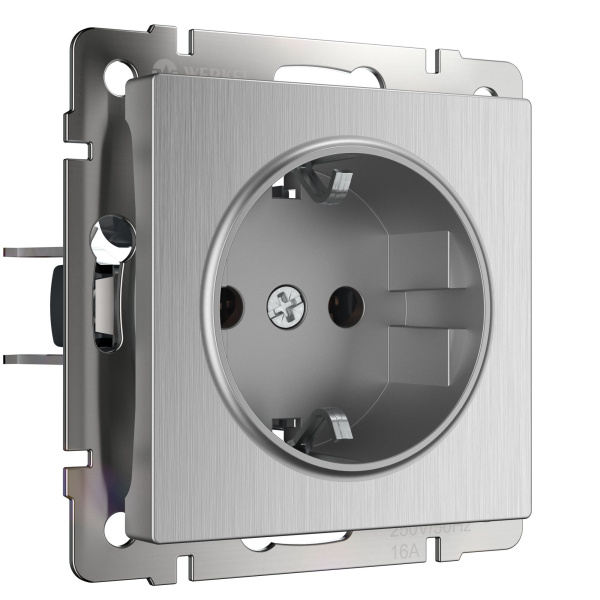 Встраиваемые механизмы розетка СУ 1 мест. с зазем. и шторками 16А серебряный рифленый IP20 Werkel