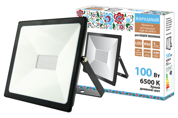 Прожектор светодиодный СДО-04-100Н-У 100 Вт, 6500 К, IP65, черный, Народный TDM