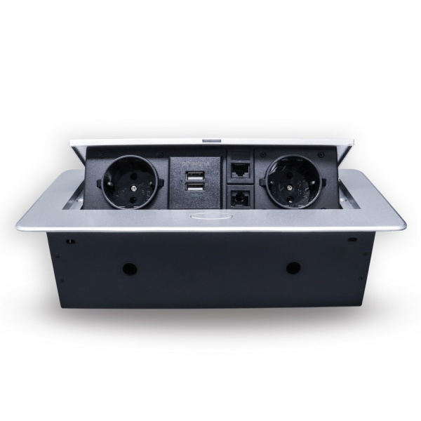 Розетка горизонтальная выдвижная 2 Euro 16А, 2 USB A с блоком 5В/2.1А, 2 RJ45 RocketSocket, проводка, цвет серый