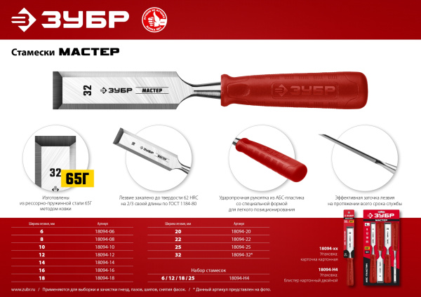 МАСТЕР набор стамесок с пластиковой рукояткой, 4шт ЗУБР