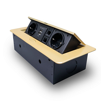 Розетка горизонтальная выдвижная 2 Euro 16А, 2 USB A с блоком 5В/2.1А, 2 RJ45 RocketSocket, проводка, цвет золотой