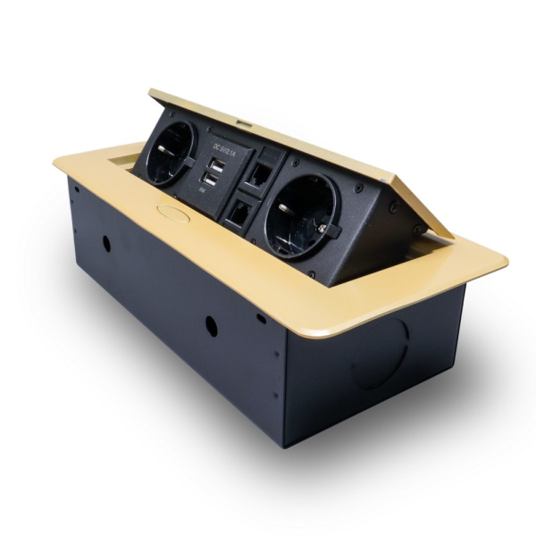 Розетка горизонтальная выдвижная 2 Euro 16А, 2 USB A с блоком 5В/2.1А, 2 RJ45 RocketSocket, проводка, цвет золотой