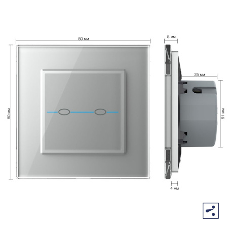 Сенсорный проходной выключатель Quadro 2 клавиши 1 пост Серый Livolo
